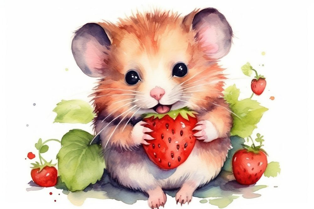 Cute hamster eating strawberry rodent mammal animal. AI generated Image by rawpixel.