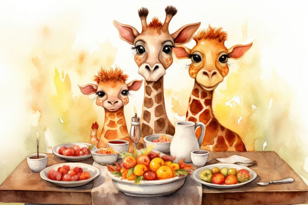 Giraffe family table cartoon mammal. AI generated Image by rawpixel.
