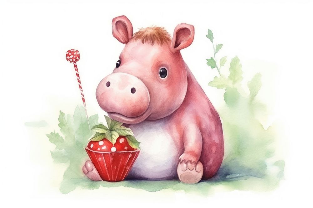 Hippotamus enjoying strawberry soda mammal animal pig. AI generated Image by rawpixel.