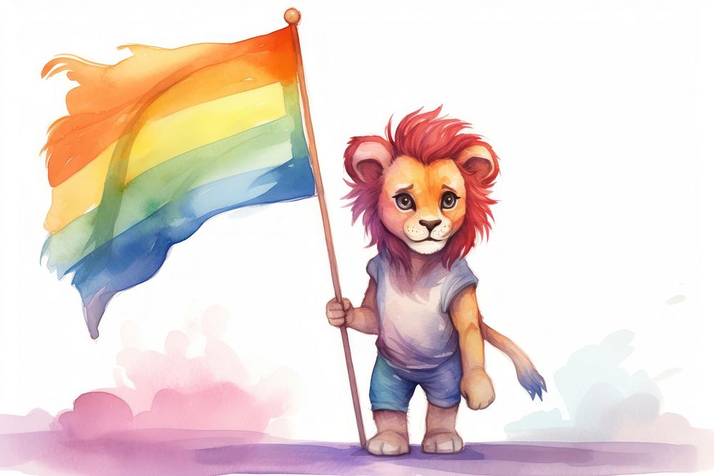 Lion carrying pride month flag representation creativity carnivora. AI generated Image by rawpixel.
