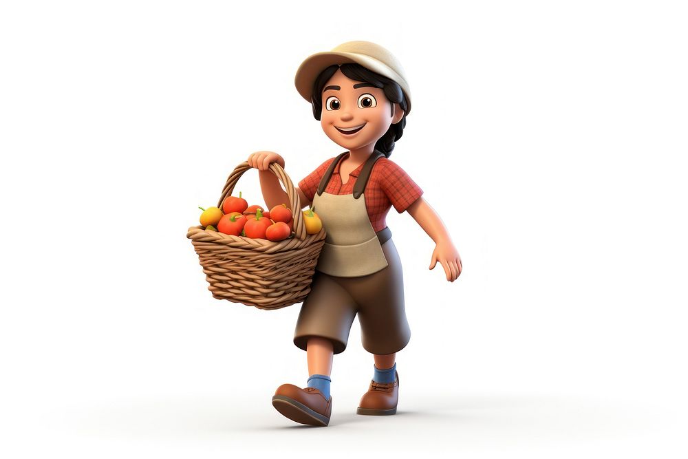 Farmer woman carrying fruit basket smiling cartoon white background. AI generated Image by rawpixel.