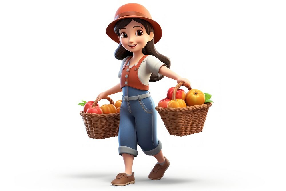 Farmer woman carrying fruit basket smiling cartoon white background. AI generated Image by rawpixel.
