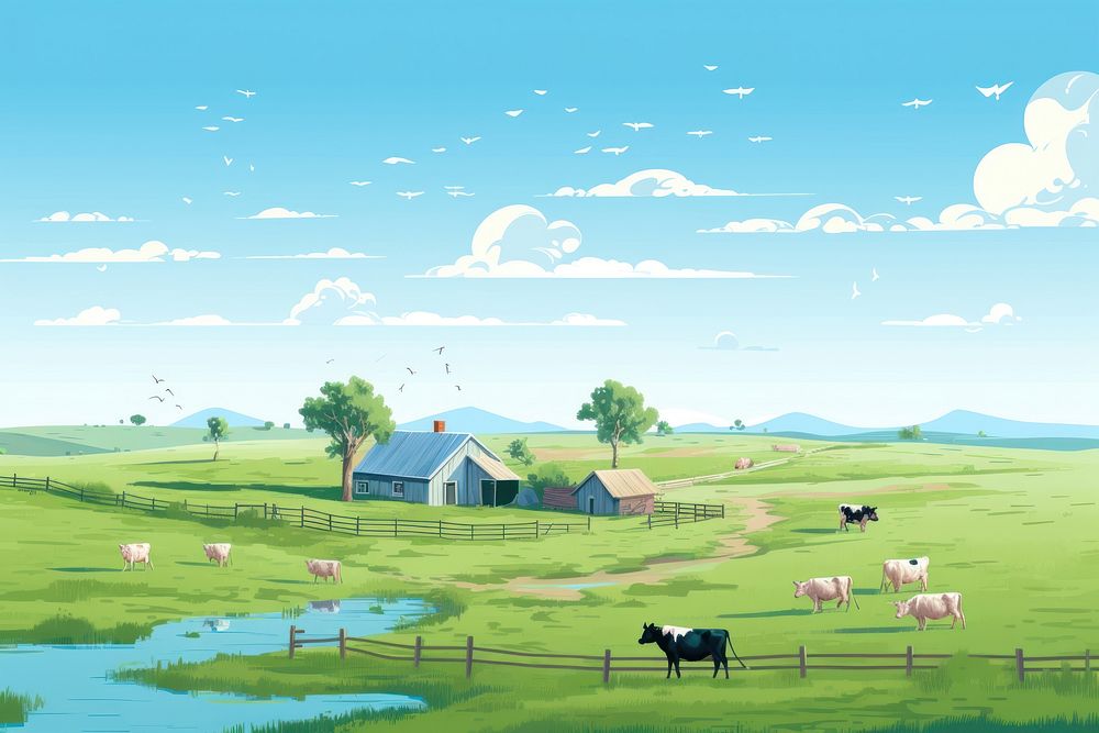 Farm landscape cow grassland. AI generated Image by rawpixel.