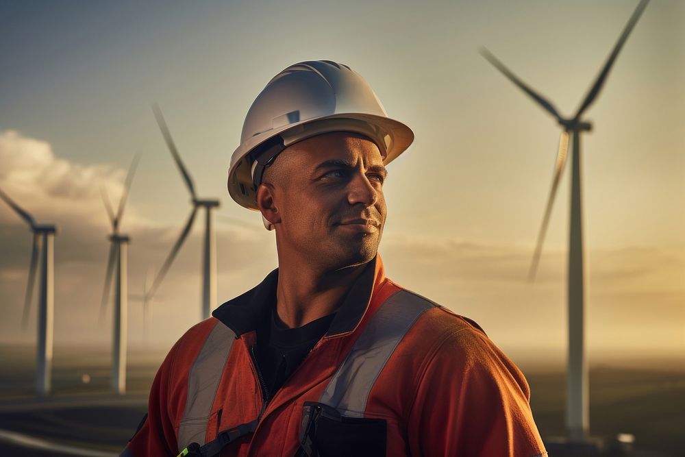 Wind turbine worker windmill outdoors hardhat. 