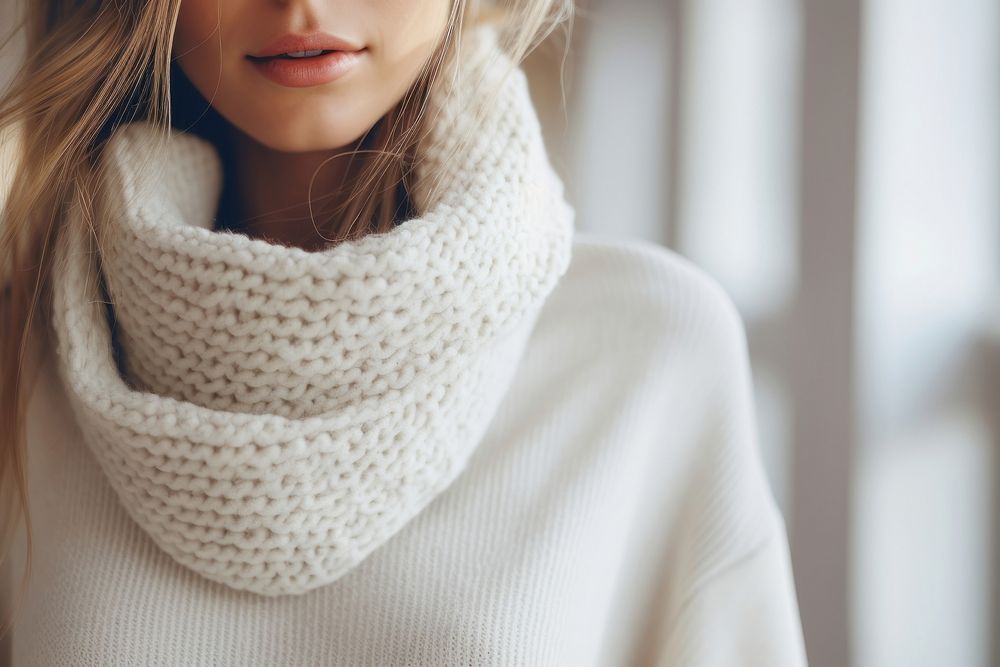 Woman winter clothes sweater scarf hairstyle. 