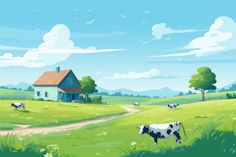 Farmyard landscape cow grassland. 