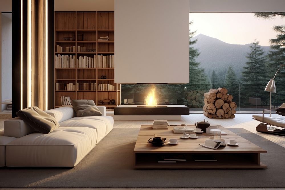 Modern living room architecture furniture fireplace. AI generated Image by rawpixel.