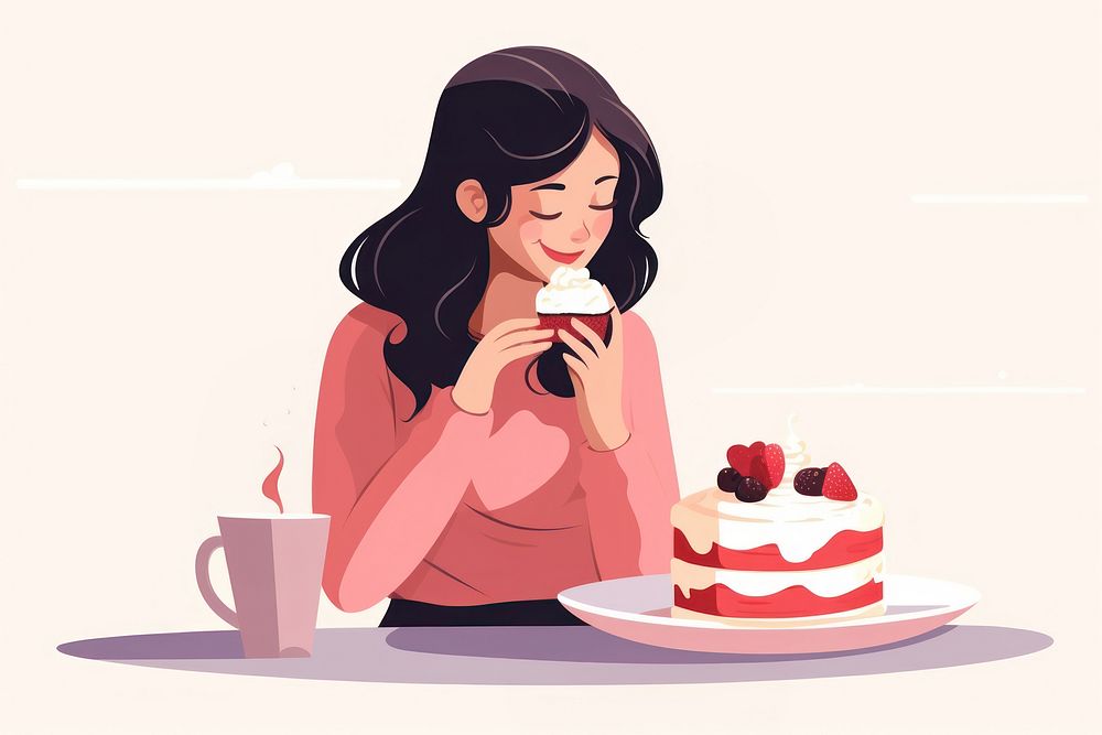 A girl eating cake dessert adult food. AI generated Image by rawpixel.