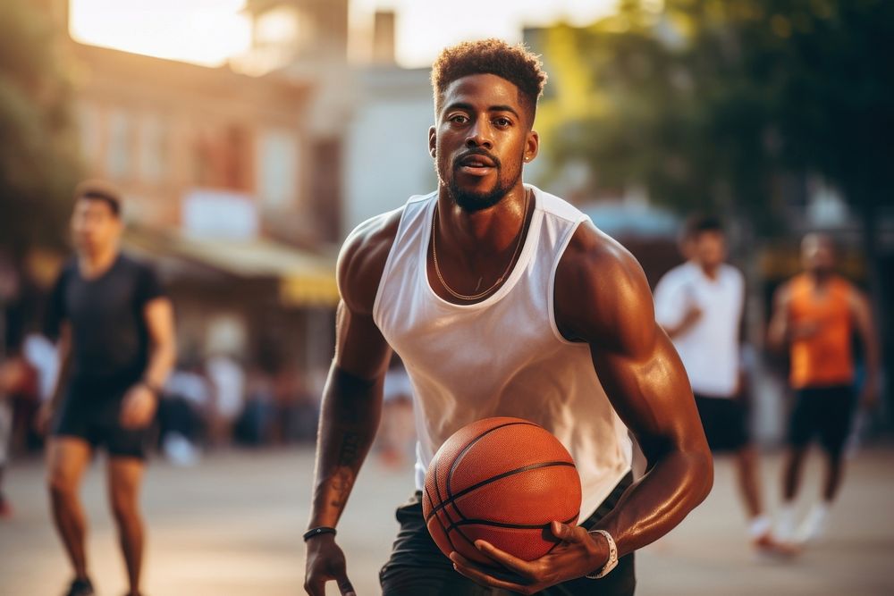 African american men play street basketball sports adult determination. 