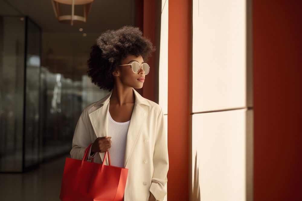 Black Woman holding shopping bags handbag architecture refrigerator. AI generated Image by rawpixel.