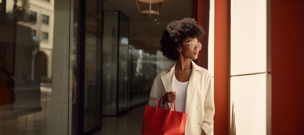 Black Woman holding shopping bags black architecture accessories. 