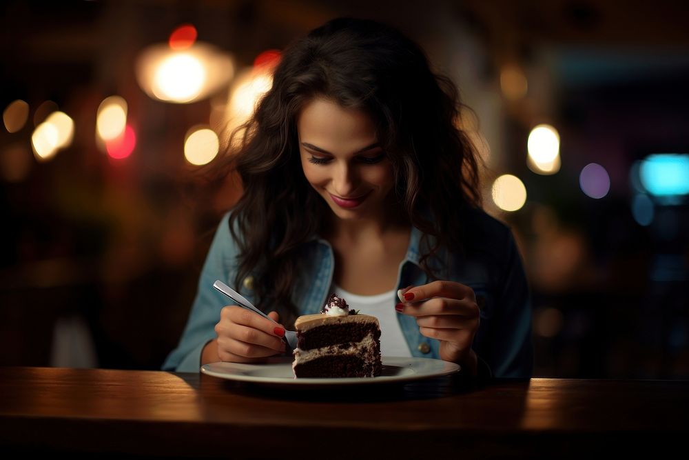 A girl eating cake dessert holding food. AI generated Image by rawpixel.