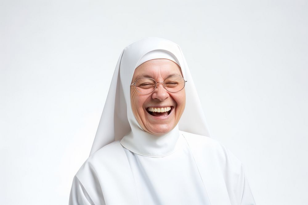 Nun laughing white white background. AI generated Image by rawpixel.