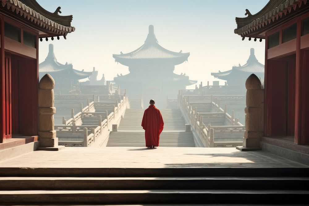 Chinese monk outdoors walking temple. AI generated Image by rawpixel.