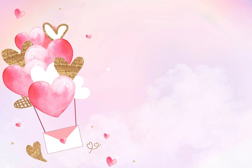 Flying hearts, watercolor background design with copy space
