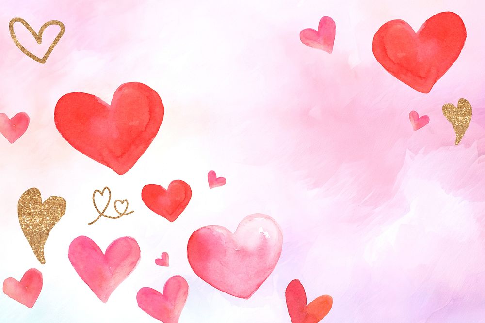 Cute watercolor hearts background design with copy space