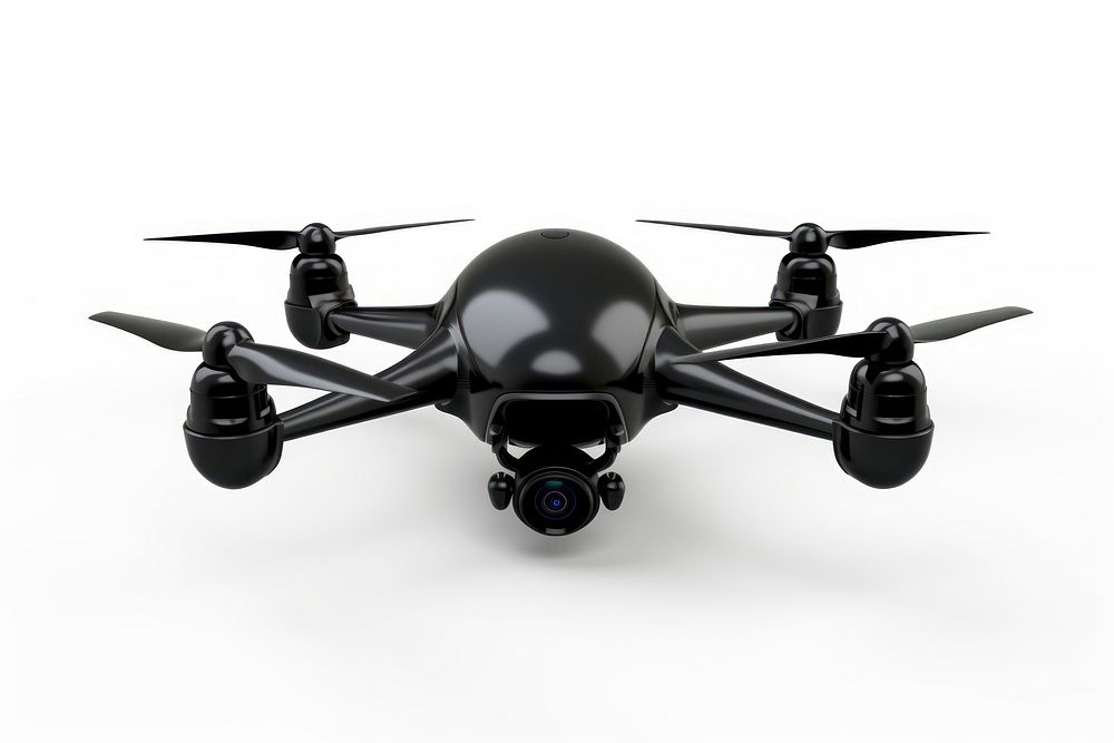 A flying black drone helicopter aircraft airplane. 