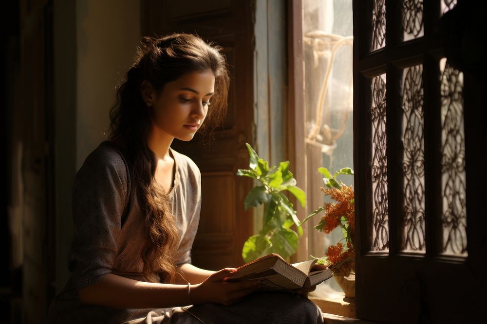 Window windowsill sitting reading. 