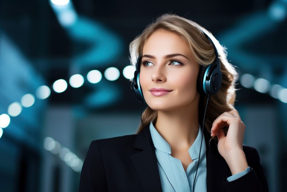 Business woman headphones listening portrait. AI generated Image by rawpixel.