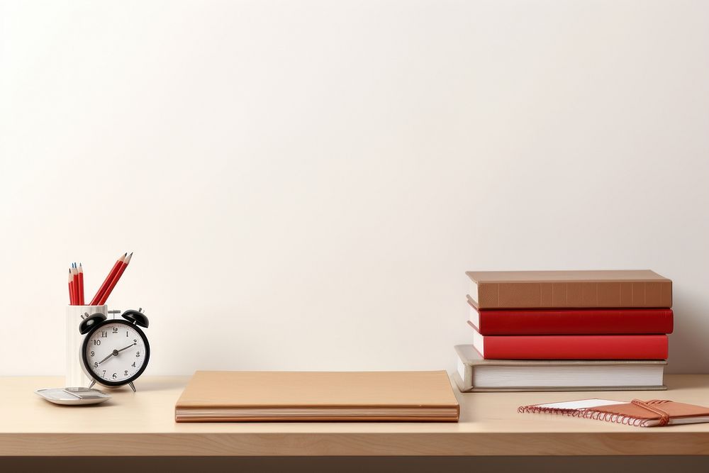 Table with stationary equipment book publication furniture.