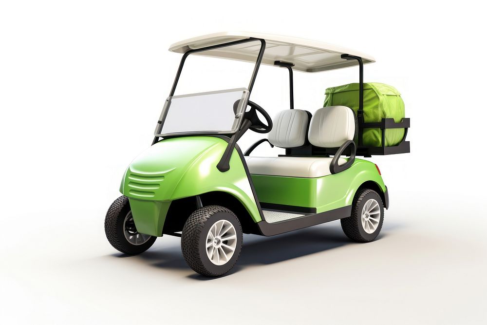 Golf car vehicle grass white background. 