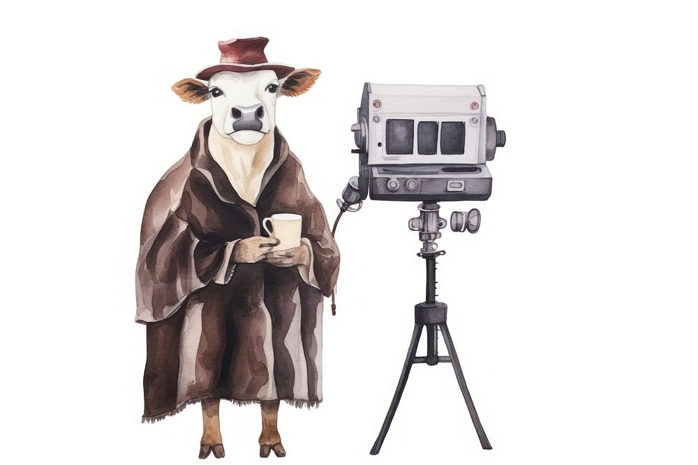 Cow standing holding movie camera tripod white background photography. AI generated Image by rawpixel.
