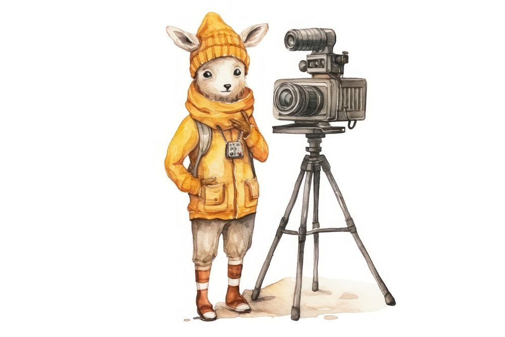Deer standing holding movie camera tripod white background representation. AI generated Image by rawpixel.