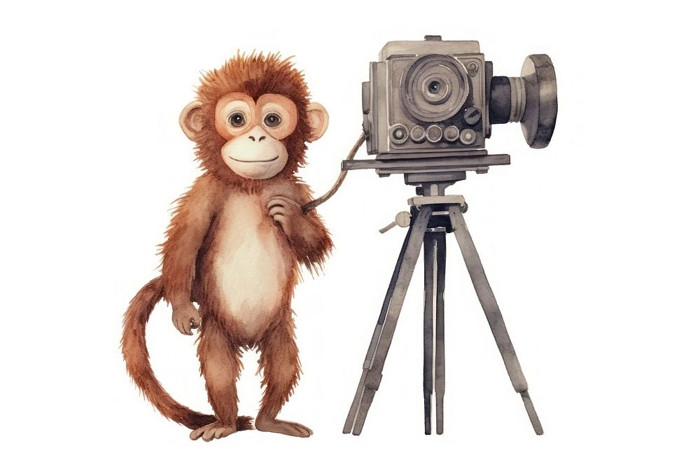 Monkey standing holding movie camera tripod mammal animal. AI generated Image by rawpixel.