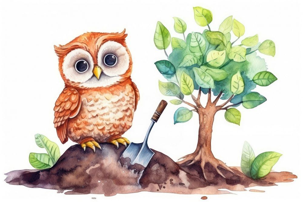 Owl planting a tree drawing sketch animal. AI generated Image by rawpixel.