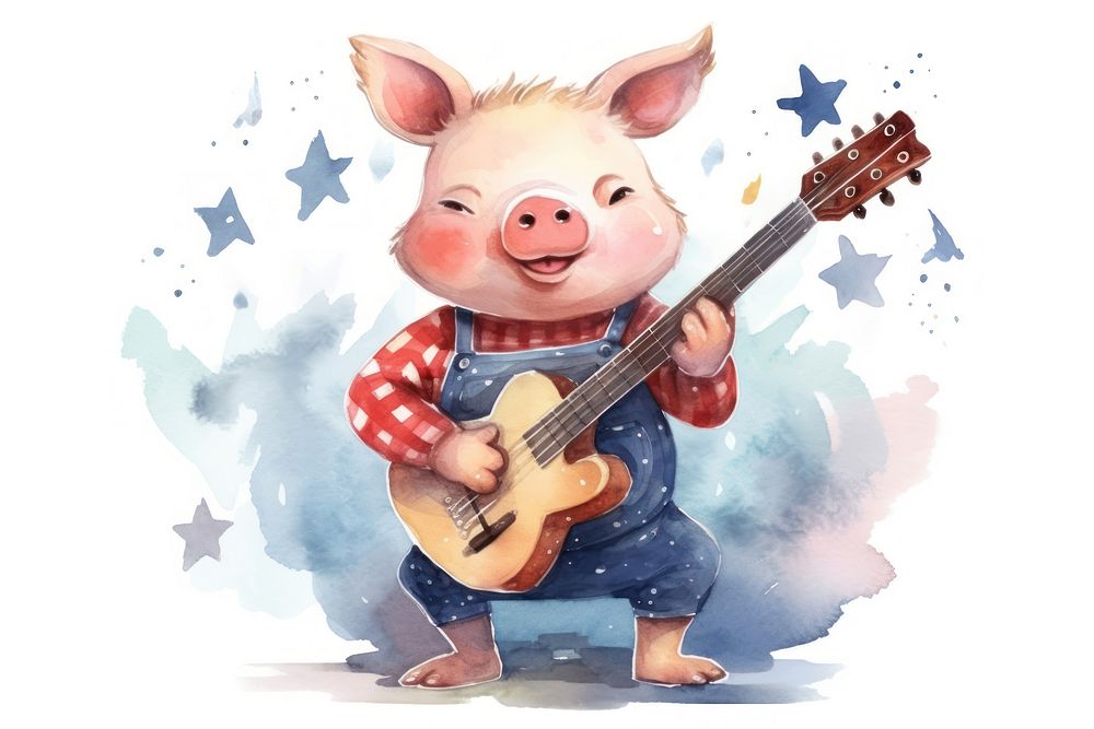 Pig playing guitar cartoon cute performance. AI generated Image by rawpixel.