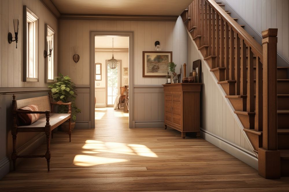 Farmhouse hallway architecture furniture staircase. AI generated Image by rawpixel.