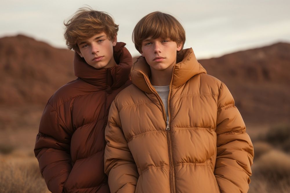 Two teenage boy wearing warm tone puffer jacket adult brown togetherness. 