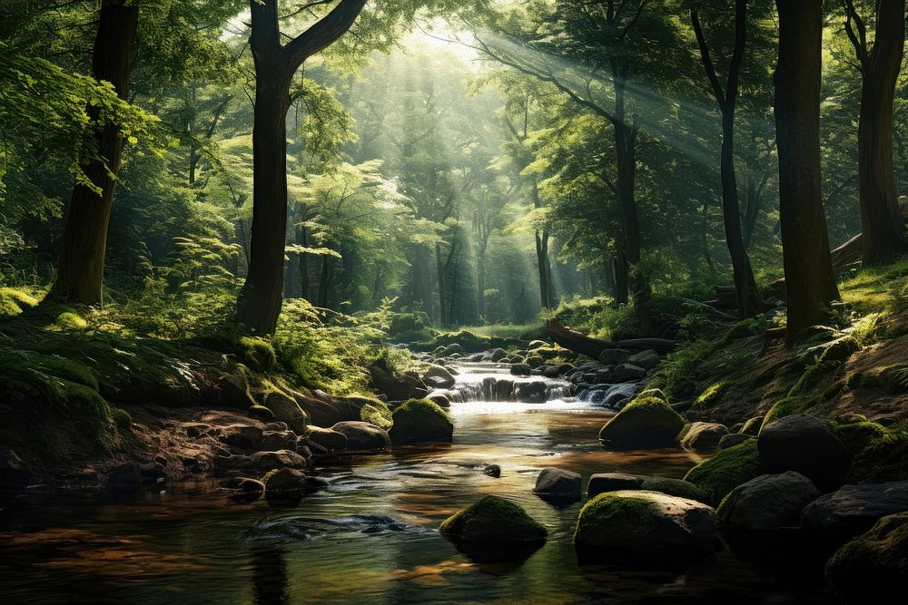 Serene forest sunlight tree wilderness. AI generated Image by rawpixel.