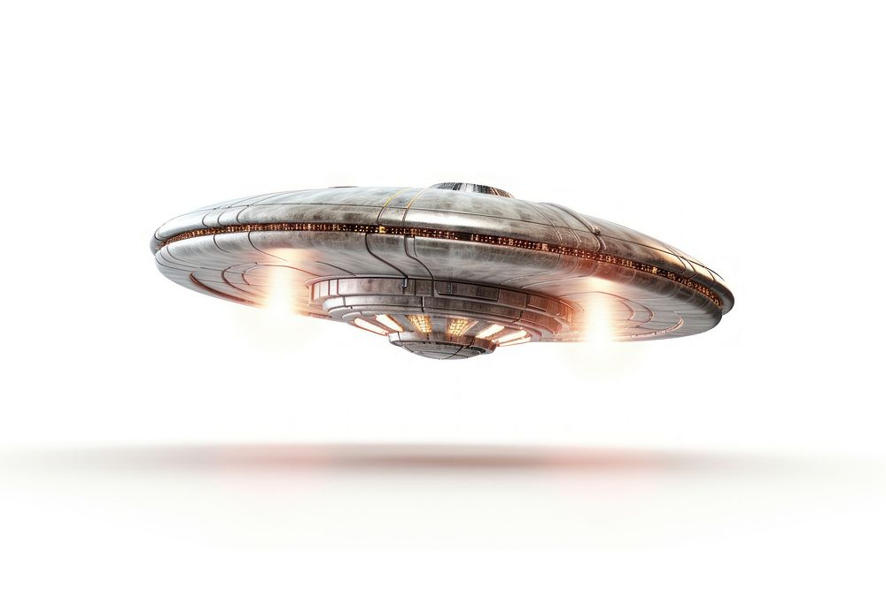 Alien UFO white background transportation illuminated. AI generated Image by rawpixel.