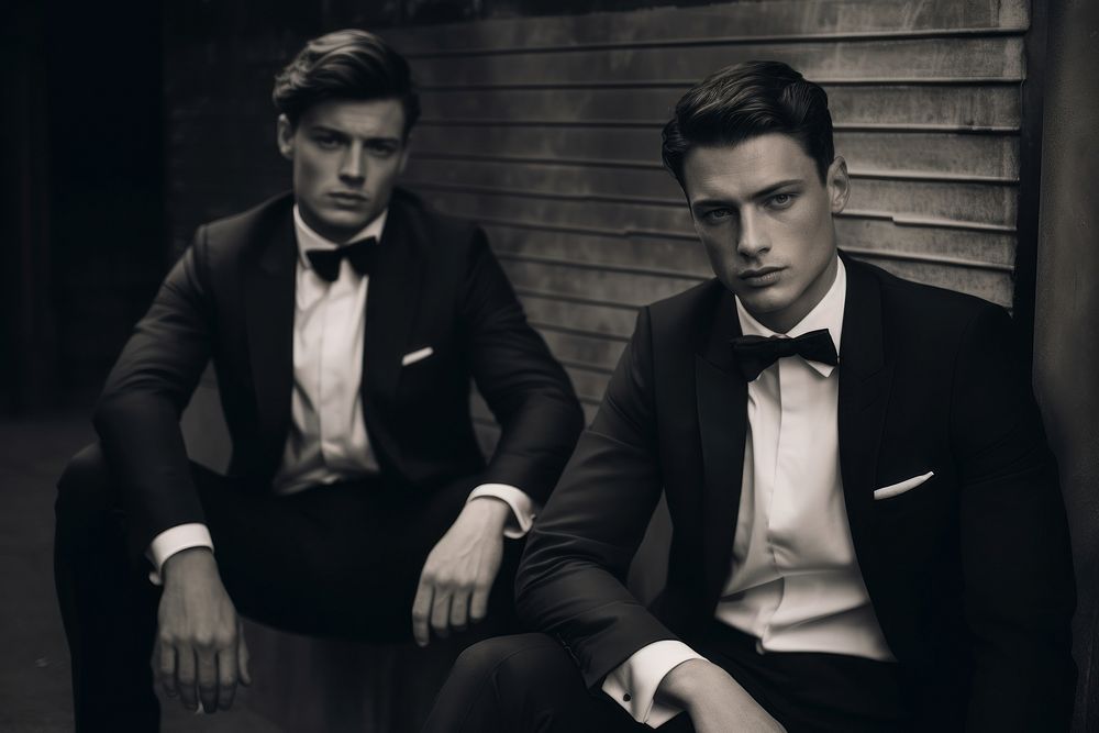 Two men wearing formal style fashion tuxedo adult. AI generated Image by rawpixel.