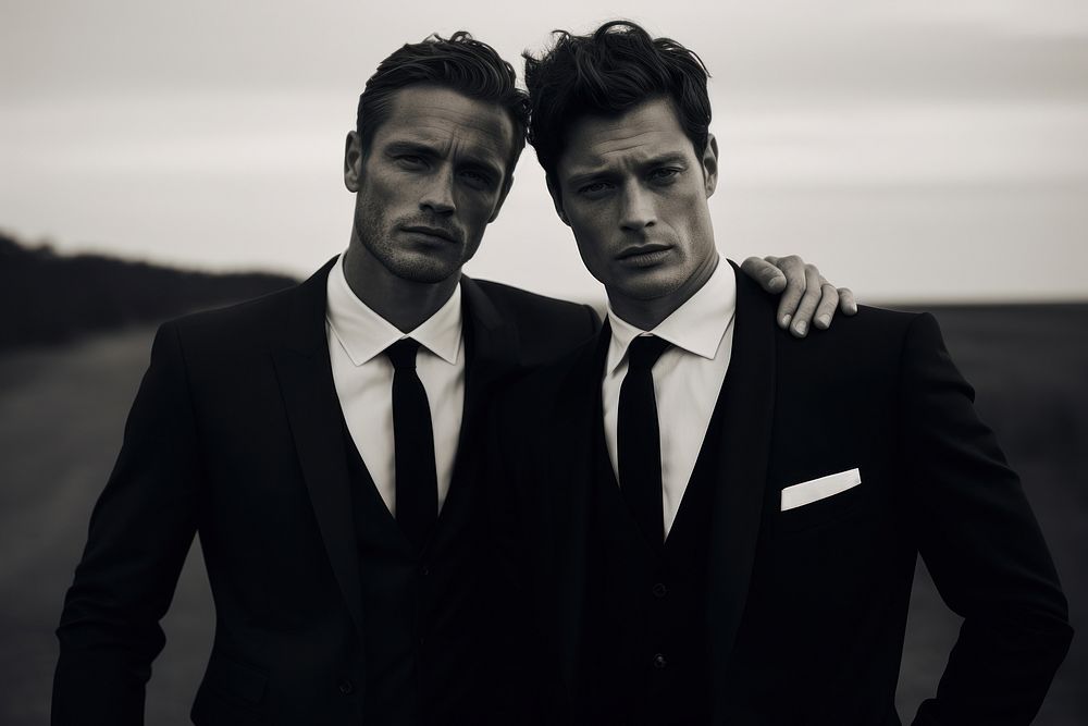 Two men wearing formal style photography portrait tuxedo. AI generated Image by rawpixel.