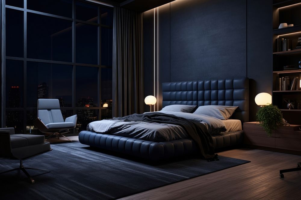 Modern bedroom comfortable furniture lighting. 