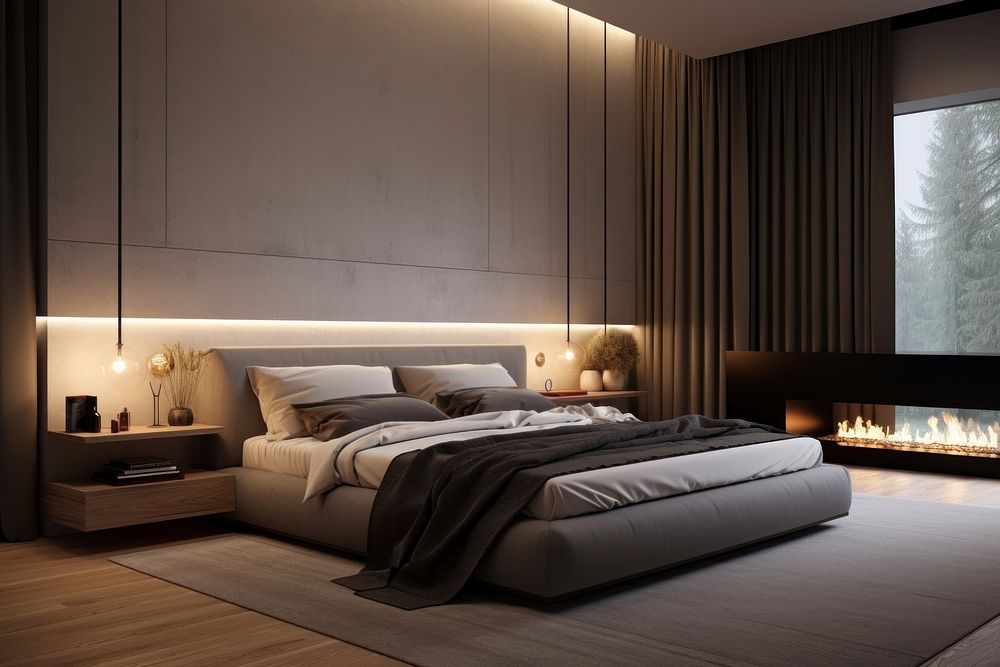 Modern bedroom comfortable furniture lighting. AI generated Image by rawpixel.