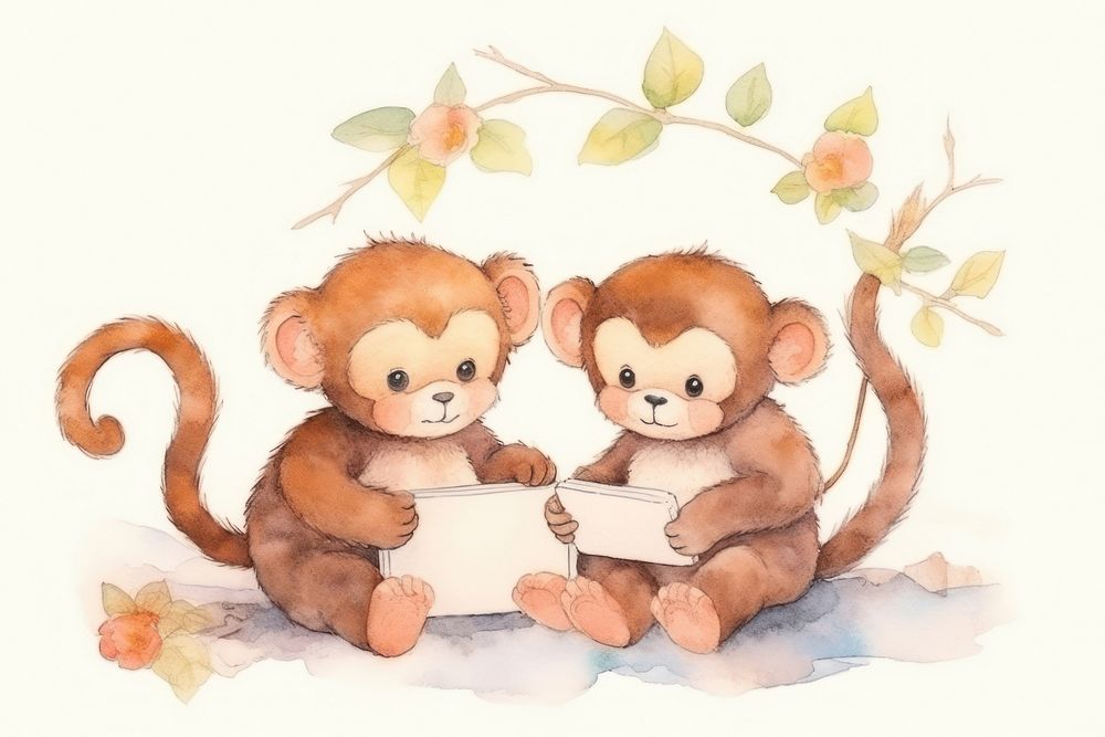 Two monkeys playing a social media device animal cartoon drawing. AI generated Image by rawpixel.