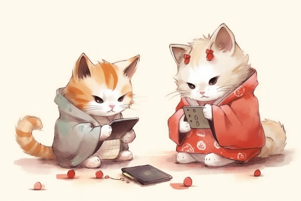 Two cats playing a social media device animal mammal cute. AI generated Image by rawpixel.
