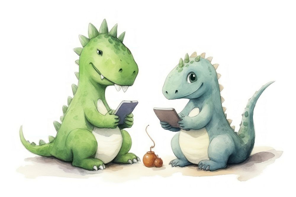 Two dinosaurs playing a social media device animal reptile cute. AI generated Image by rawpixel.