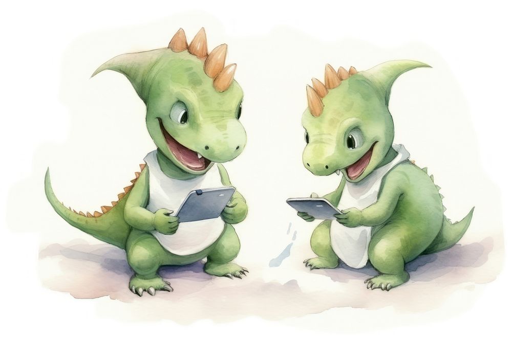 Two dinosaurs playing a social media device animal cute representation. AI generated Image by rawpixel.