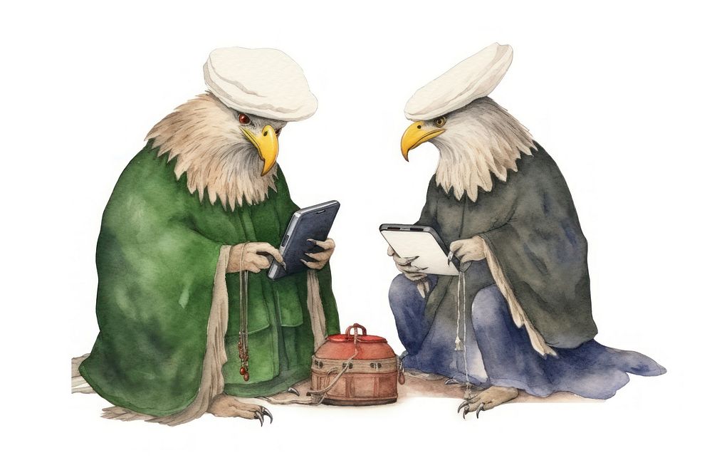 Two eagles playing a social media device painting animal electronics. AI generated Image by rawpixel.