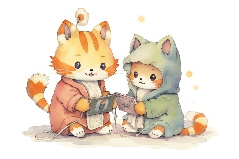 Two foxs playing a social media device cartoon cute toy. AI generated Image by rawpixel.