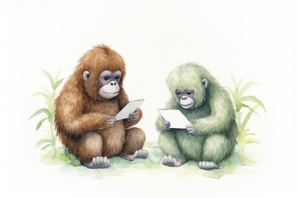Two gorillas playing a social media device animal ape wildlife. AI generated Image by rawpixel.