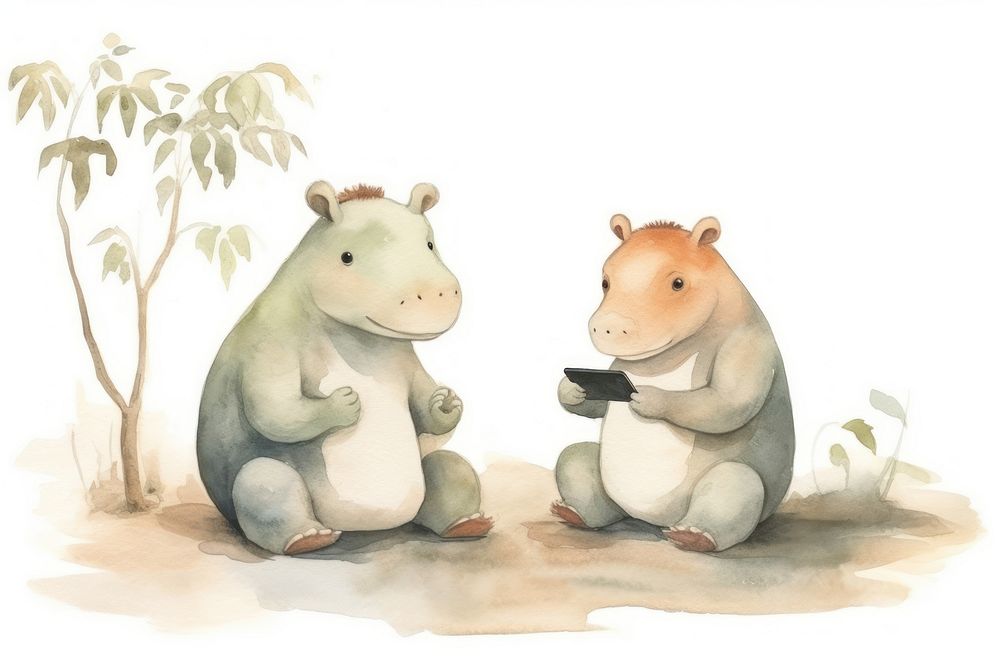 Two hippos playing a social media device animal mammal rodent. AI generated Image by rawpixel.