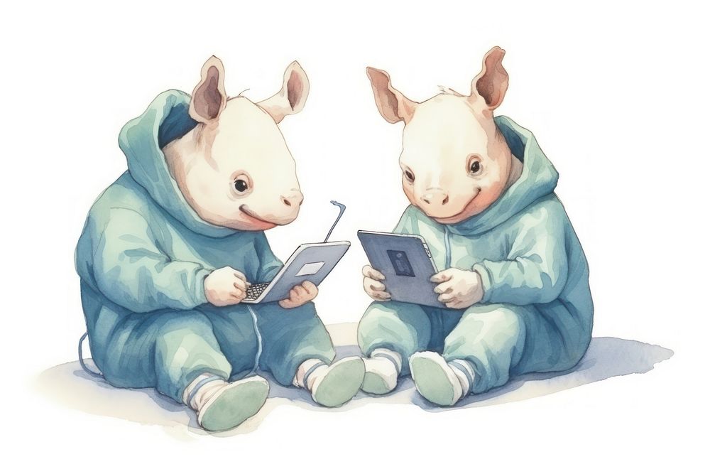 Two rhinos playing a social media device computer animal cute. AI generated Image by rawpixel.