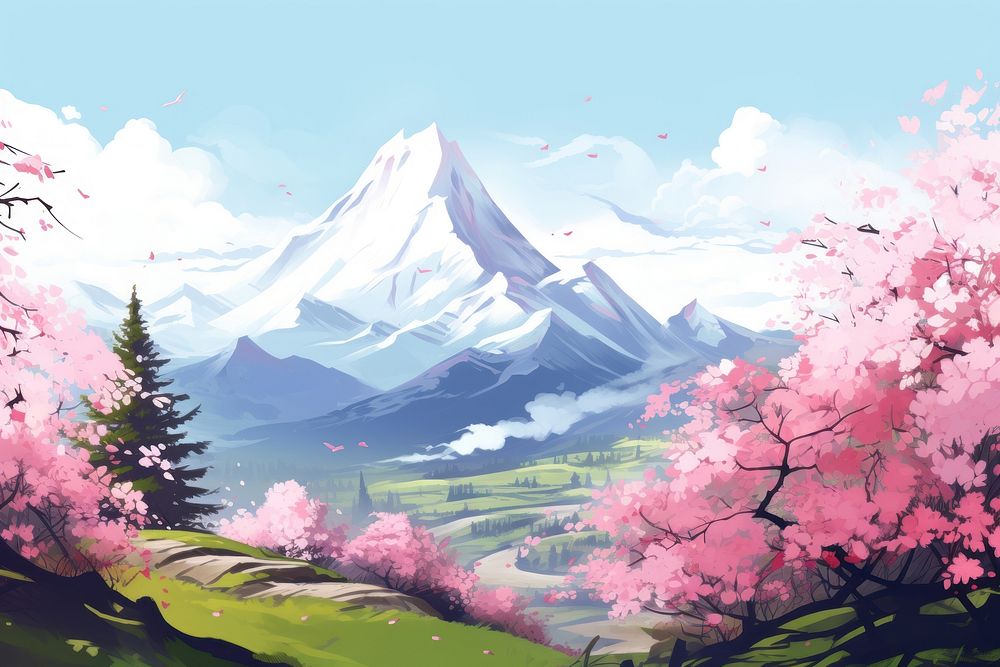 A mountain scenery landscape nature flower. AI generated Image by rawpixel.