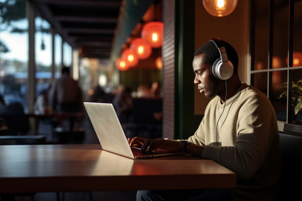 Man playing laptop headphones computer sitting. AI generated Image by rawpixel.