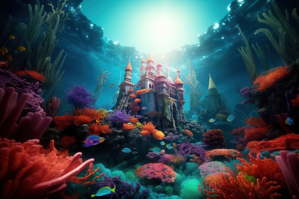 Mermaid castle sea underwater aquarium. AI generated Image by rawpixel.